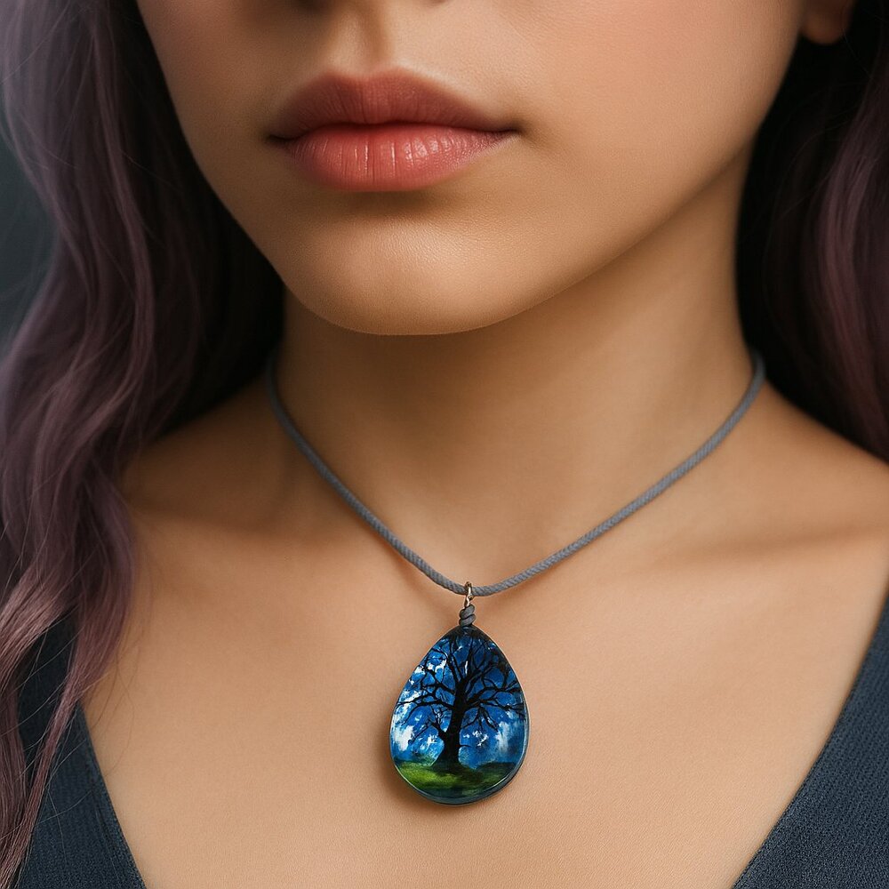 Teardrop Tree Pendant Necklace – Blue Blossom Floral Resin Jewelry - Grey Cord